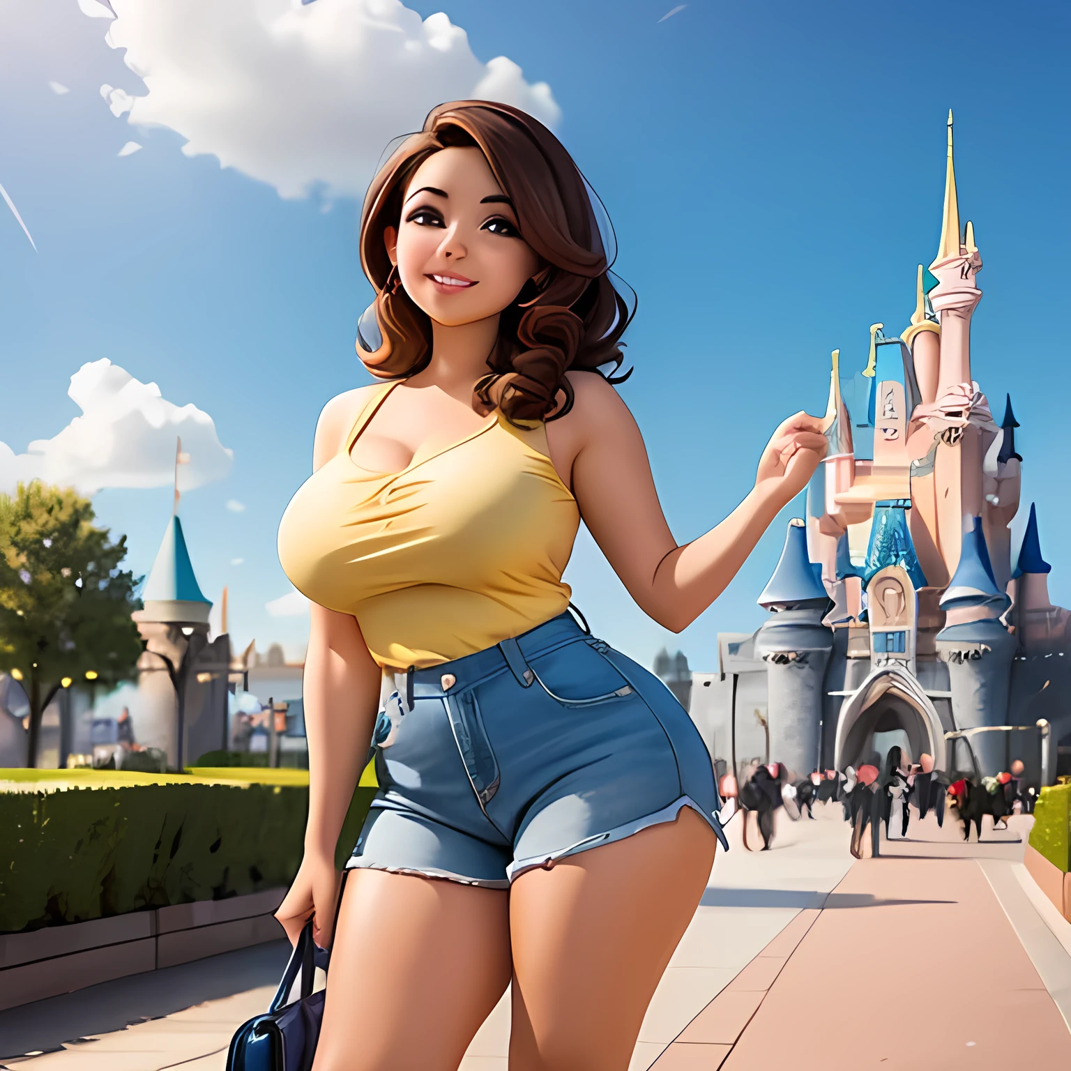 Sunny day in front of Cinderella Castle at Disneyland Paris. Spotlight, A curvy 30 years old latina girl, curly brunette, wearing casual sexy clothes poses for the viewer.