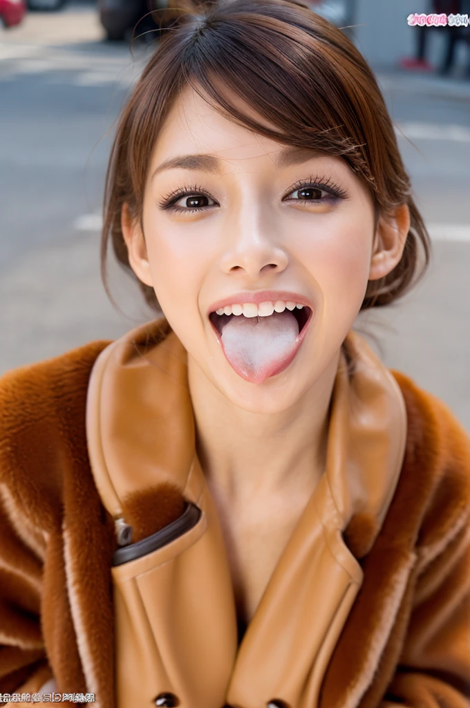 cheerful face,face focus,opening mouth widely,excessive cum in open mouth,penis on mouth,happy,look at viewer,tanned gal,fur coat,outdoor,