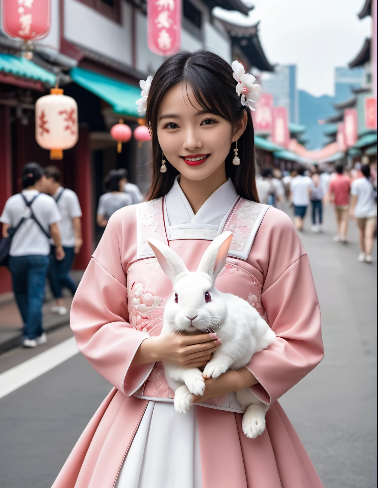 (a beautiful young Taiwan girl and a gaint white  rabbit). the girl with delicate features, wearing a pink and white Korean style fashion outfit with intricate traditional Chinese pattern fabric, cyberpunk style accessories, standing in a modern Taipei street scene, holding a mooncake and smiling at the camera, a gaint fluffy white rabbit standing next to her, (bigger than the girl:1.25), trying to steal her mooncake, with a full moon in the sky in the background, (best quality,8k,highres,masterpiece:1.2),(ultra-detailed:1.33),(realistic,photorealistic,photo-realistic:1.37),extremely detailed, hyperrealistic, Japanese photo style, cinematic light.