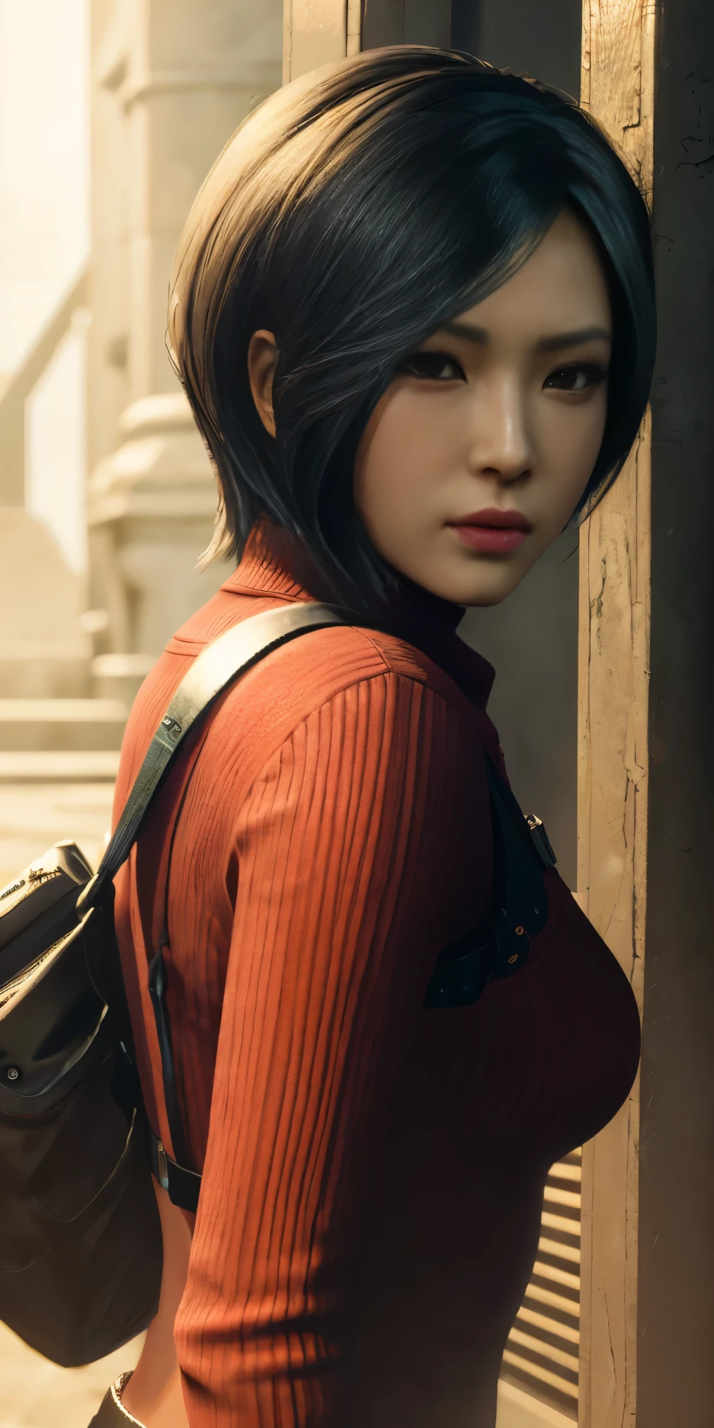best quality,ultra-detailed,realistic:1.37,Ada Wong,perfectly symmetrical face,ultra-realistic texture,flawless body,detailed facial features,realistic lighting,serious expression