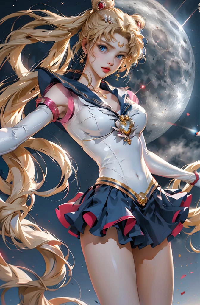 masterpiece, full: 1.3, stand, 8k, 3d, Realistic, Ultra Micro Shooting, Best Quality, Extreme Detail CG Unity 8k Wallpaper, From below, Intricate details, (Gorilla 1 person), 1, (Sailor Moon supersailormoon mer1, Tiara, Sailor Warriors Uniform Sailor: 1.2, Sailor Moon: 1.2), Incredibly long light blonde hair in twin tails, thin and very long straight twin-tailed blonde, Hair Bun, red round hair ornament in a Hair Bun, Sailor Warrior Uniforms, (Blue Collar, Blue sailor collar, Blue pleated mini skirt: 1.3, Big red ribbon on chest: 1.3, Long white latex gloves: 1.3, Red gloves on elbows, A very large red ribbon on the back of the waist: 1.1, Cleavage looks big, 金のTiara, Earrings), (Facial details: 1.5, Bright Blue Eyes, Beautiful Face, beautiful eyes, Shining Eyes, thin lips: 1.5, thin and sharp pale eyebrows, Long, black eyelashes, Double Eyelashes), Fine Gold Jewelry, thin, thin and muscular, Small Face, Big Breasts, Perfect balance, Narrow waist, Sexy model posing, I can see my pores, Captivating smile, Perfect hands: 1.5, High leg swimwear, very thin and fit high-gloss white holographic leather, Octane Rendering, A very dramatic image, Strong natural light, sunlight, Exquisite lighting and shadows, Dynamic Angle, Digital SLR, Sharp focus: 1.0, Maximum clarity and sharpness, (Space Background, moonlight, moon, Dynamic Background, Detailed Background)