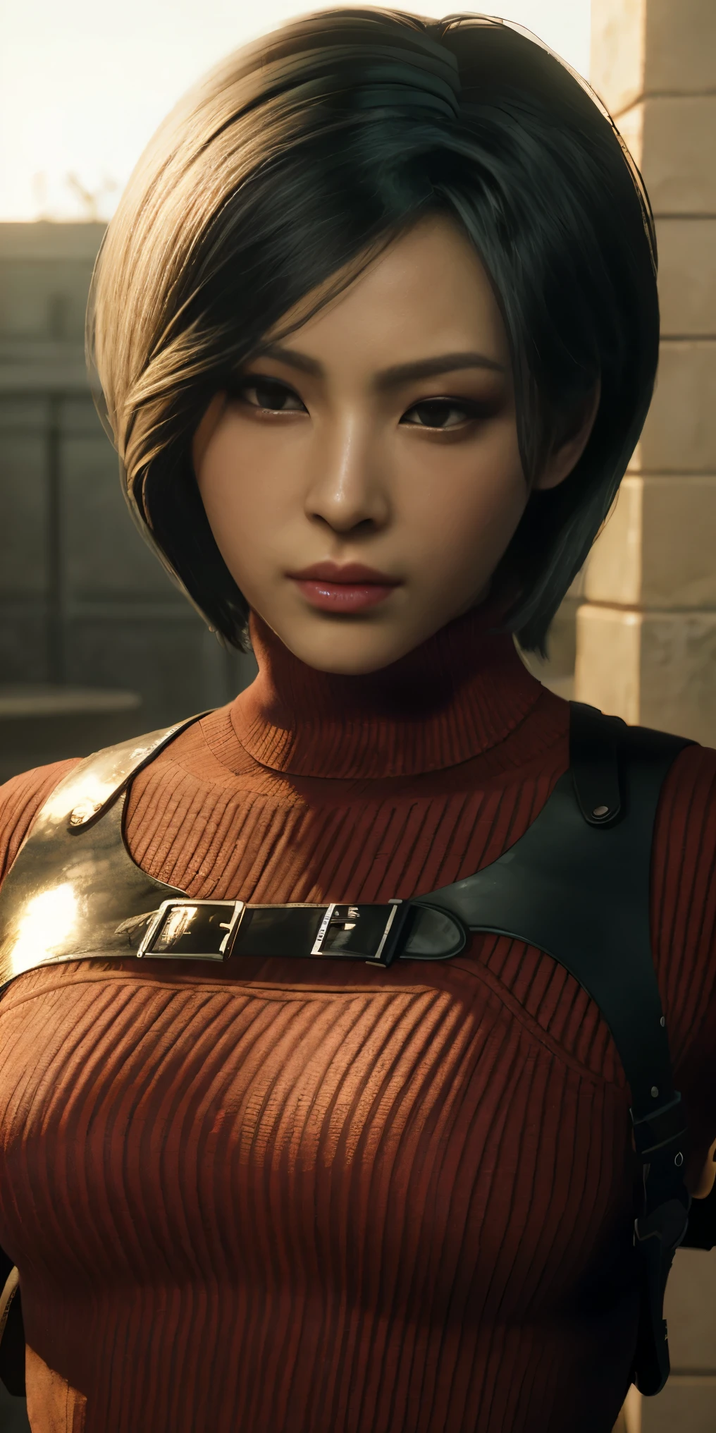 best quality,ultra-detailed,realistic:1.37,Ada Wong,perfectly symmetrical face,ultra-realistic texture,flawless body,detailed facial features,realistic lighting,serious expression