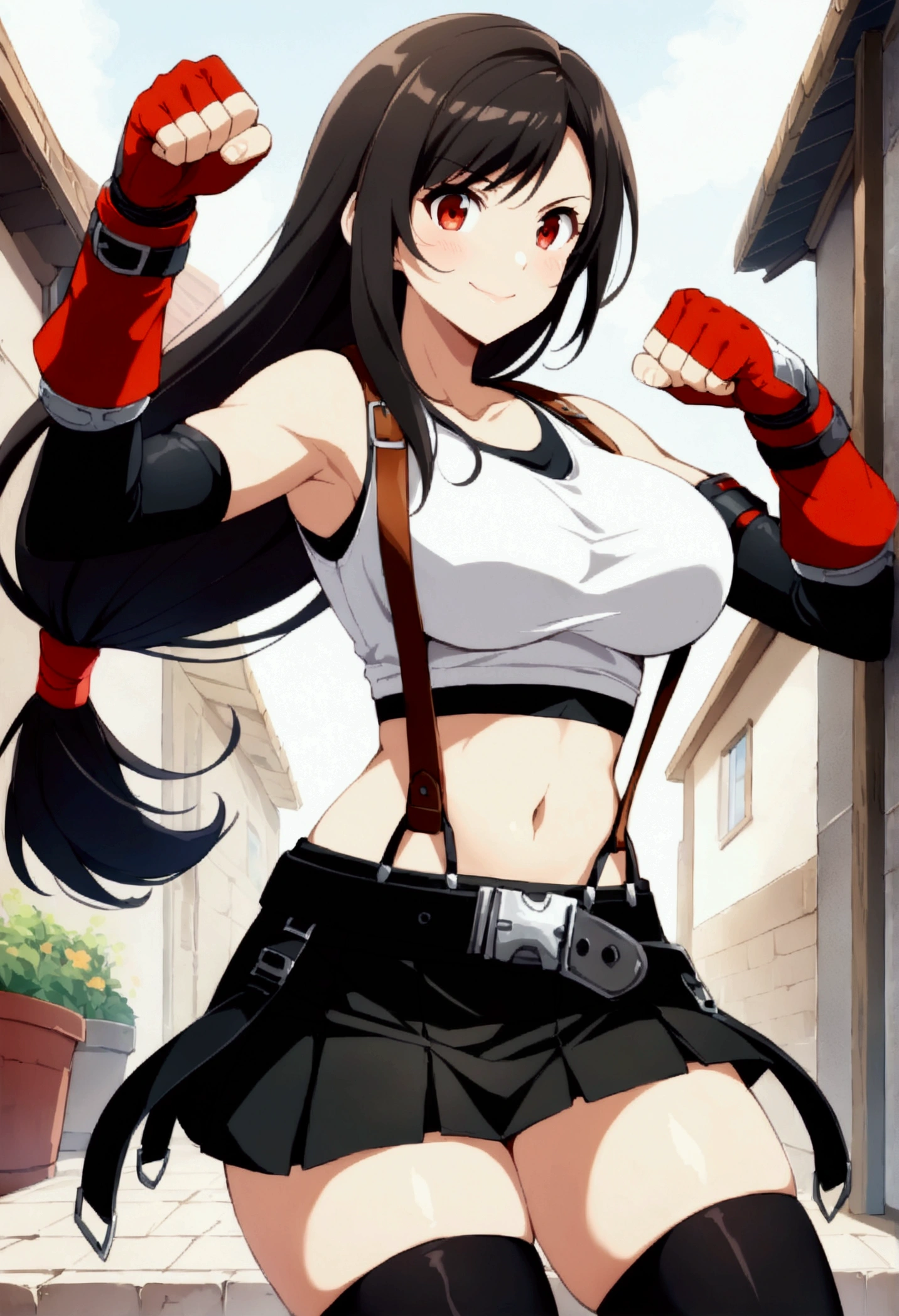 score_9, score_8_up, score_7_up,score_6, score_5, ,BREAK source_anime, rating_safe,best quality, official art, official style, anime, megami magazine, absurdres,from below.from behind, pov,straight-on,standing,(mediumshot:1),(thighs focus),(view),pantiesshot,straight-on,,,mediumshot,looking_at_viewer ,1girl, tifa lockhart, final fantasy, tareme,black hair, low-tied long hair, red eyes, bangs, white tank top, belt, pleated skirt, thighhighs, elbow fingerless gloves, elbow pads,midriff,navel,suspender skirt ,large_breasts,(light smile),,,Solo,,(daytime and city),anime style daytime scene,Gradients and Highlights,highly detailed,sharp focus,depth of field,,professional lighting,cinematic lighting,