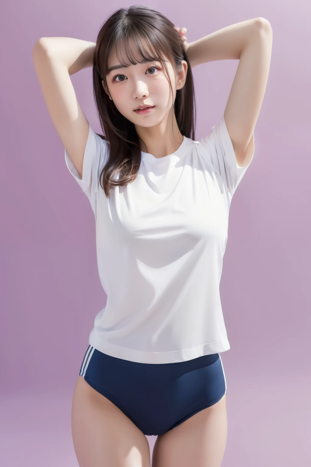 Masterpiece, Top Quality, High Quality, 1 Female, Plain Shirt, Solo, Gym Clothes, Realistic, Plain White Shirt, Bloomers, Beautiful Face, Face Focus, (Simple Background: 1.3),, ((Arms Down to Sides)), Cowboy Shot, (Small Breasts), Thin Thighs,
