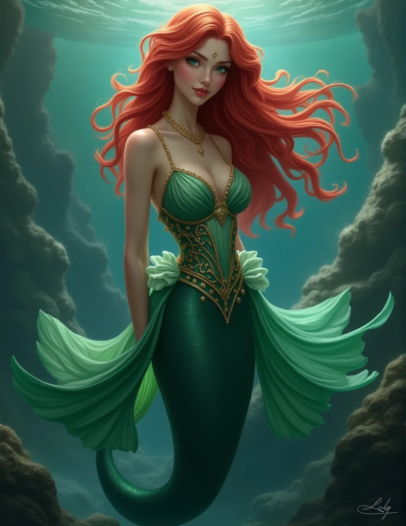 a black tattoo representing a mermaid looking like Ariel the little mermaid, mucha style, cherry tree flowers and one rose on the left side