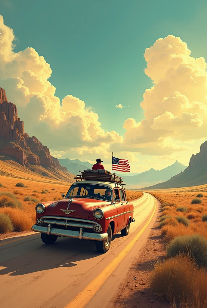 Composition: "movie『independence day』With a composition reminiscent of a scene against the backdrop of the desert area of Central America、Depict a scene of a camper van blowing up a highway。Desert expanses and、Construction of a composition that emphasizes speedy driving of campers。"
Motor Home: "Campers are ornately decorated、Specially equipped in case of alien invasion in the movie。The exterior has an illustration of the American flag and a spaceship.、Defensive weapons are in place。"
Background with: "Behind the scenes、There is a desert area in the central United States.、Among them, Campervan is running at high speed。Spaceship light and smoke cover the sky、A tense desert landscape is depicted as a background.。"