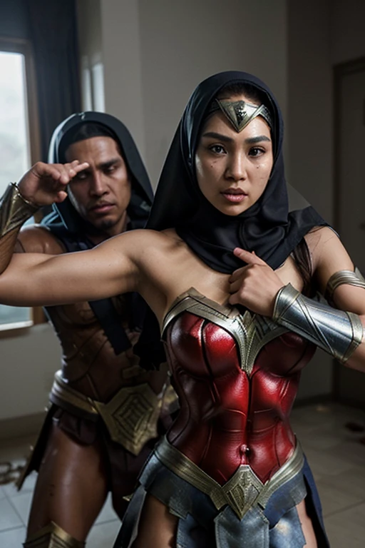 an Indonesian man wearing a super garuda outfit, Garuda bird head shaped helmet ,while crying, shout, and shed tears, very deep sadness, tema robotic modern, with intricate and perfect details with a small Indonesian flag logo on the left chest, raised a beautiful woman ,Indonesian high school uniform, a little fat, Plump, wet, with slightly dirty clothes,  full of scars,in a state of unconsciousness,  with the background of a ruined abandoned city, and smoke, futuristic, realistic, artistic, with perfect lighting makes it even more perfect.