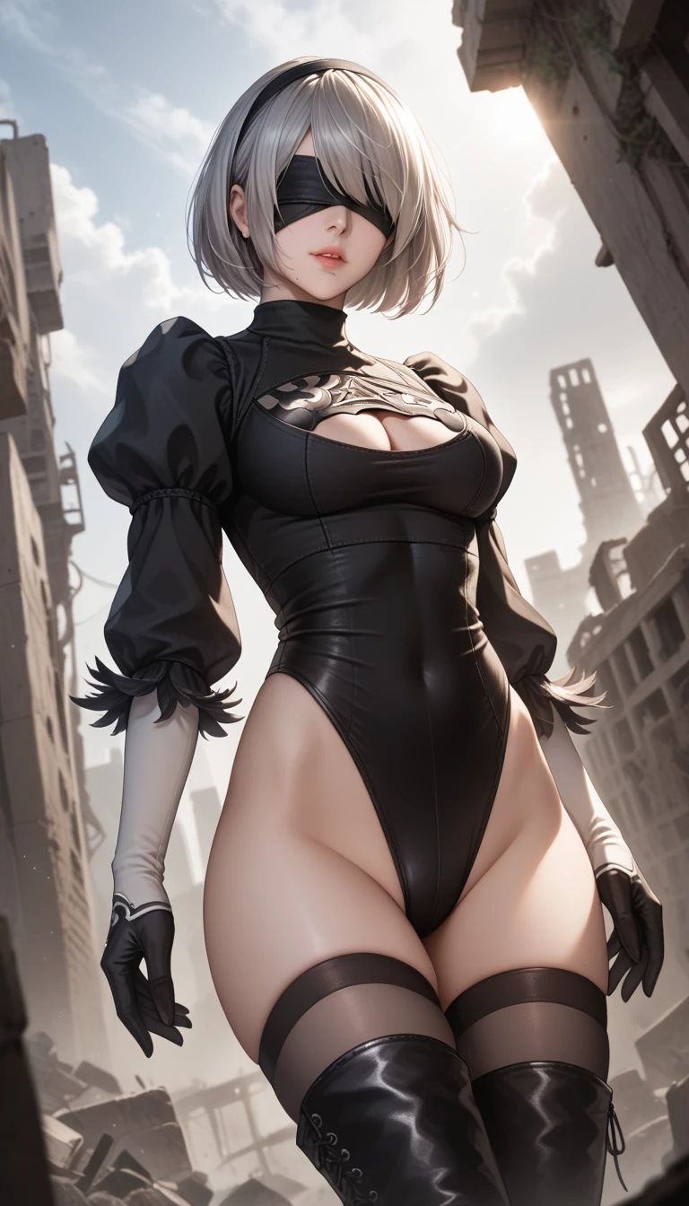 score_9, score_8_up, score_7_up, 32k,masterpiece, highest quality, 
photo realistic, super detail, vibrant colors, chiaroscuro lighting, cinematic lighting,
1 woman, inspired nier automata 2B,
bob cut, gray hair, bangs, mole under mouth, blindfold,
2B leotard, cleavage cutout, skirt, thighhighs under boots,
ruins, a ruined world, devastated cities, dark cloudy sky,
seductive pose, dramatic angle,