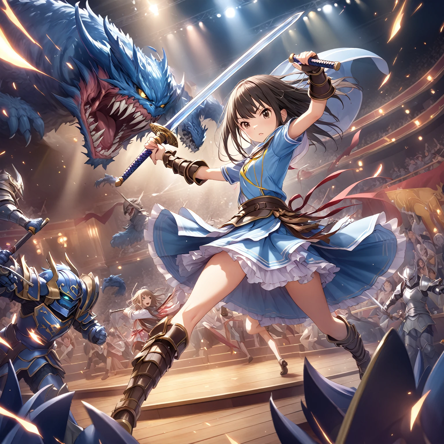 girl, high school 、armor, theater, Small breasts, Fight monsters, Holding a sword、Get Ready