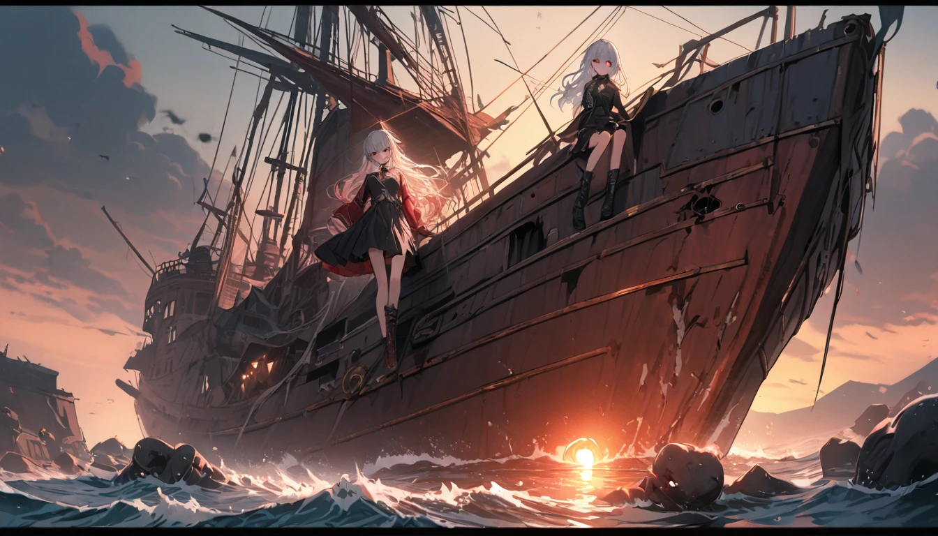 best quality,ultra detailed,extremely detailed and beautiful,perfect anatomy,perfect hands, (14 yo),(Houshou Marine),(white hair),glow eyes,long hair,black summer dress,(hand on Bloody knife:1.5),evil grin,Ghost WoodenShip,Abandoned Ship,in ship,(Floating Swords),(Red sore in the center of the chest),Sunset Horizon