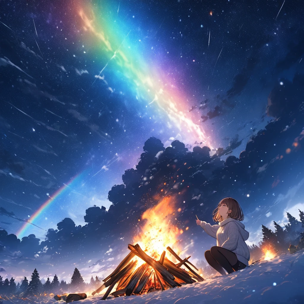 Girl having a bonfire,Stargazing,The girl is wearing a jumper,Very cold,winter,White breath comes out,Brown Hair,Short Bob,Smoke rises into the sky,Pointing at the sky,Rainbow Sky,night,Meteor Shower,masterpiece,Best Quality,Exquisite,8k,Absurd,Ultra-detailed illustrations,(View your audience),Angle from below,View from afar