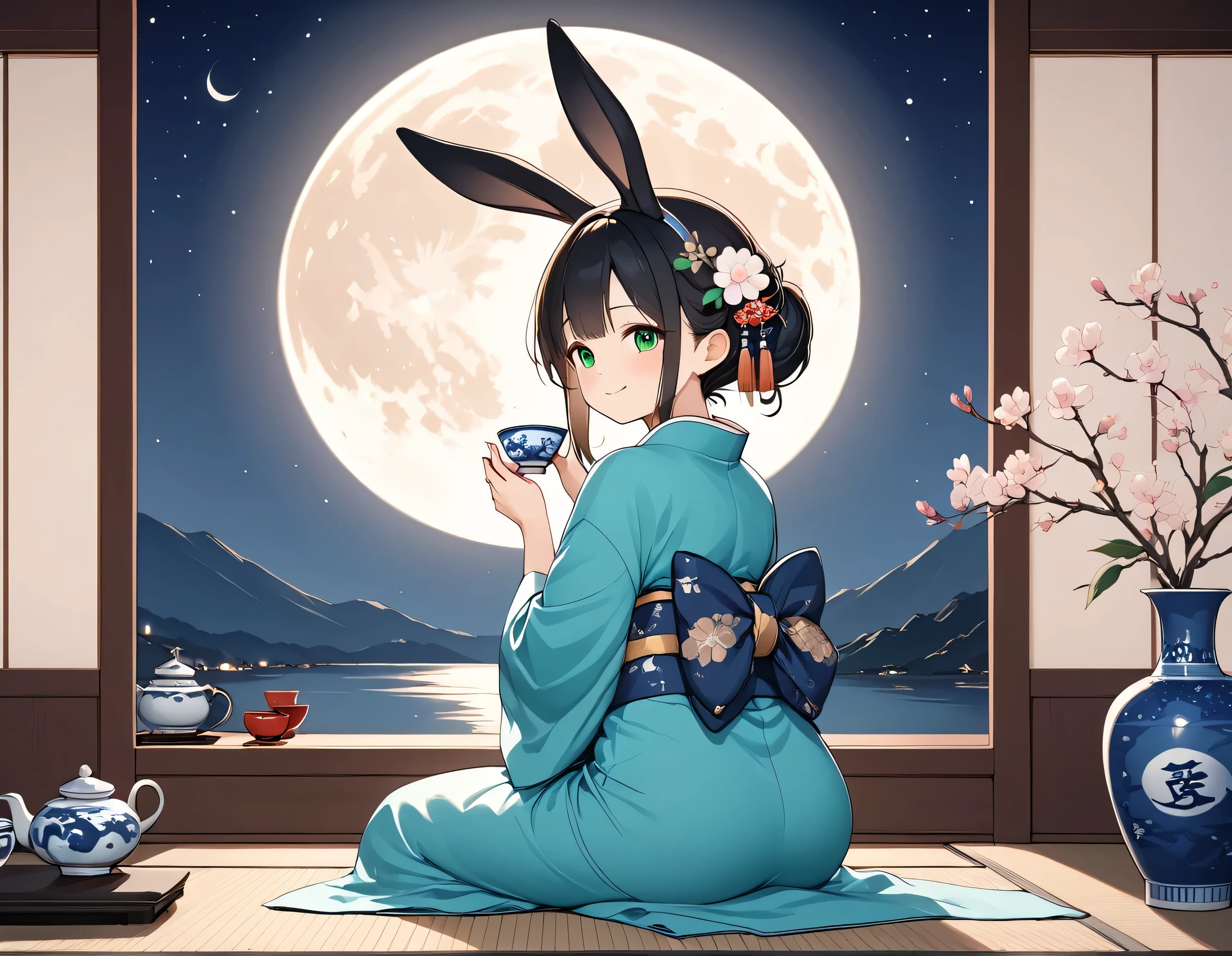 ((Best Quality, 8k, masterpiece: 1.3)),Girl among people,１people,１with people,((small,Glamorous Body,Curvy)),cute,Happy expression,((Black Hair)),Long Hair,Beautiful emerald green eyes,((Put rabbit ears on your head,Rear view,Girl sitting,Kimono Pose)),<xml><input>Tsukimi,Bright night sky,Fifteenth Night,Gazing at the big full moon,((Offerings,A vase with a thin flower,<xml><input>Tsukimi dango</input></xml>,Drinking tea happily)),