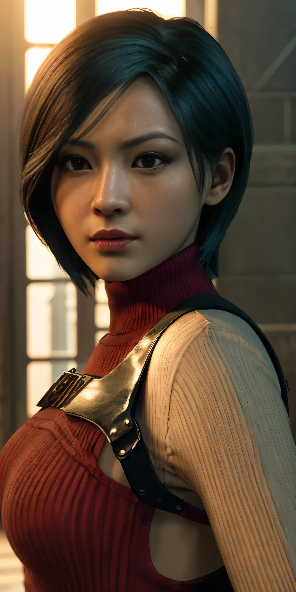 best quality,ultra-detailed,realistic:1.37,Ada Wong,perfectly symmetrical face,ultra-realistic texture, body,detailed facial features,realistic lighting,serious expression