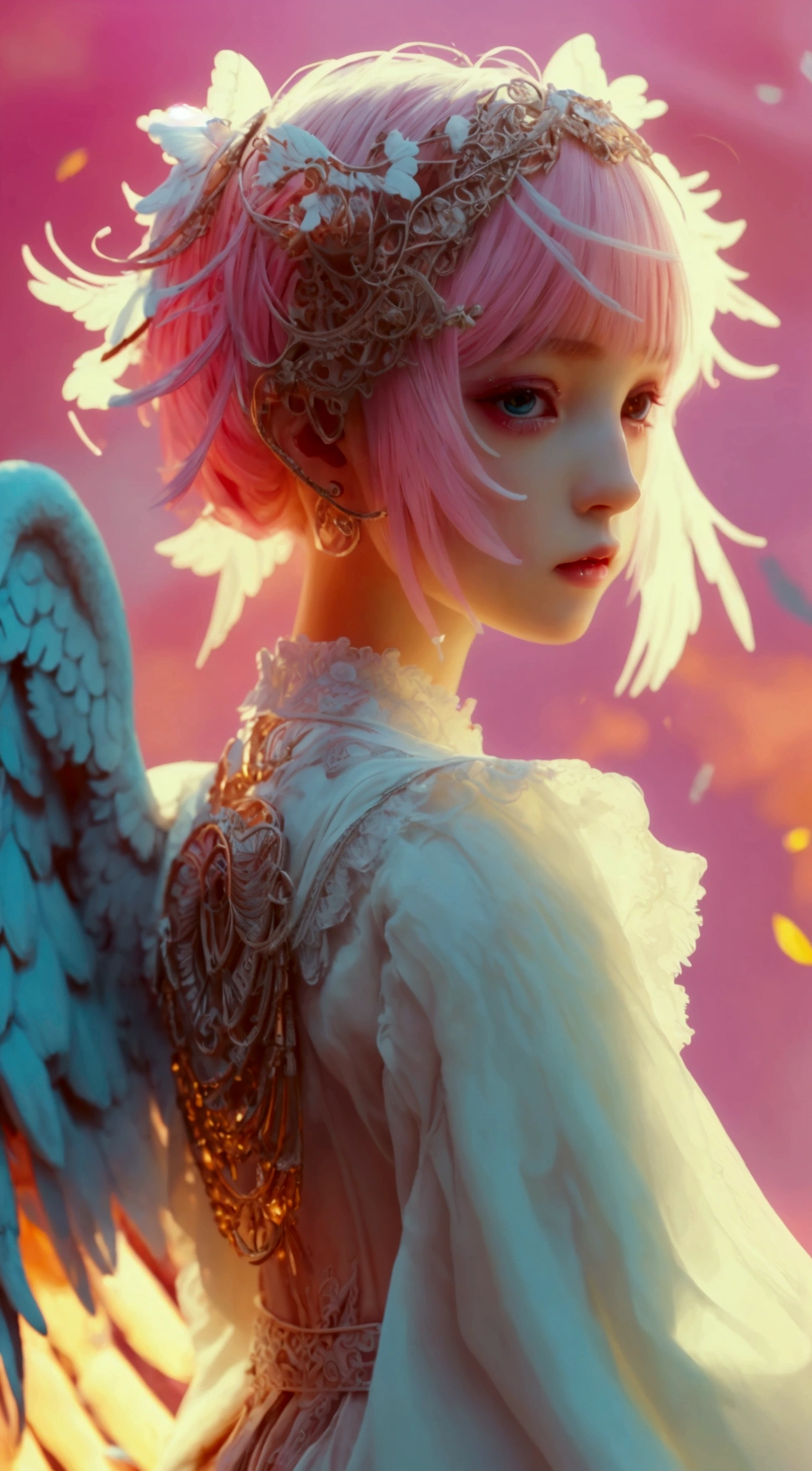 ((raw photo)), ((masterpiece)), anthropomorphic humanoid AngelGirl wearing white noble robe, intricate detail, futobot, intricate Greebles pieces, sky behind, pink, beautiful wings, detailed eyes and lips