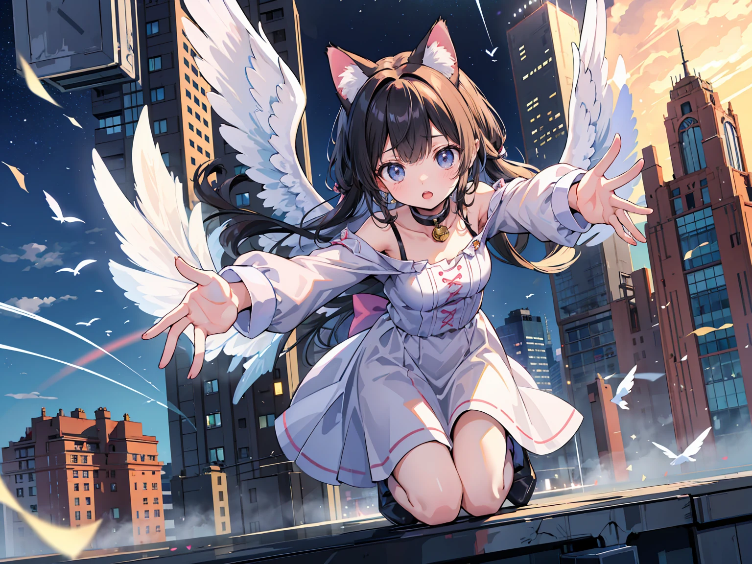 Best Quality, Highest Resolution, 8k, Most detailed, Perfect Anatomy、A cat with a body as long as a building、He is threatening with his hands outstretched、A cat with angel wings descends from the sky、Several small cats bursting into activity、
