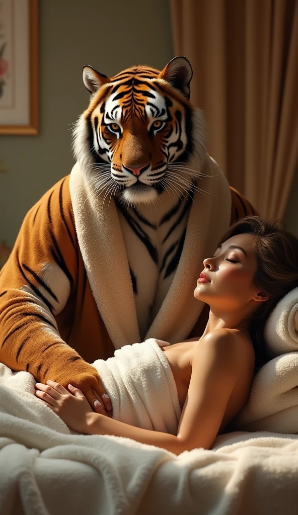 Tiger & Tigress at the Spa
A muscular tiger and his tigress girlfriend are in a luxurious spa. The tiger is in a robe, his muscles barely contained, while the tigress relaxes in a towel, both enjoying a couples' massage.