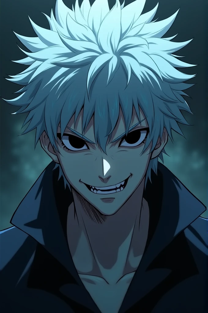 Kimetsu no Yaiba style Skinny male demon, kimono, dark forest at night, grey skin, ugly, gloomy, muted colors, popping veins, barring fangs, demon eyes, tiny pupils, foggy, anime coloring ((masterpiece))