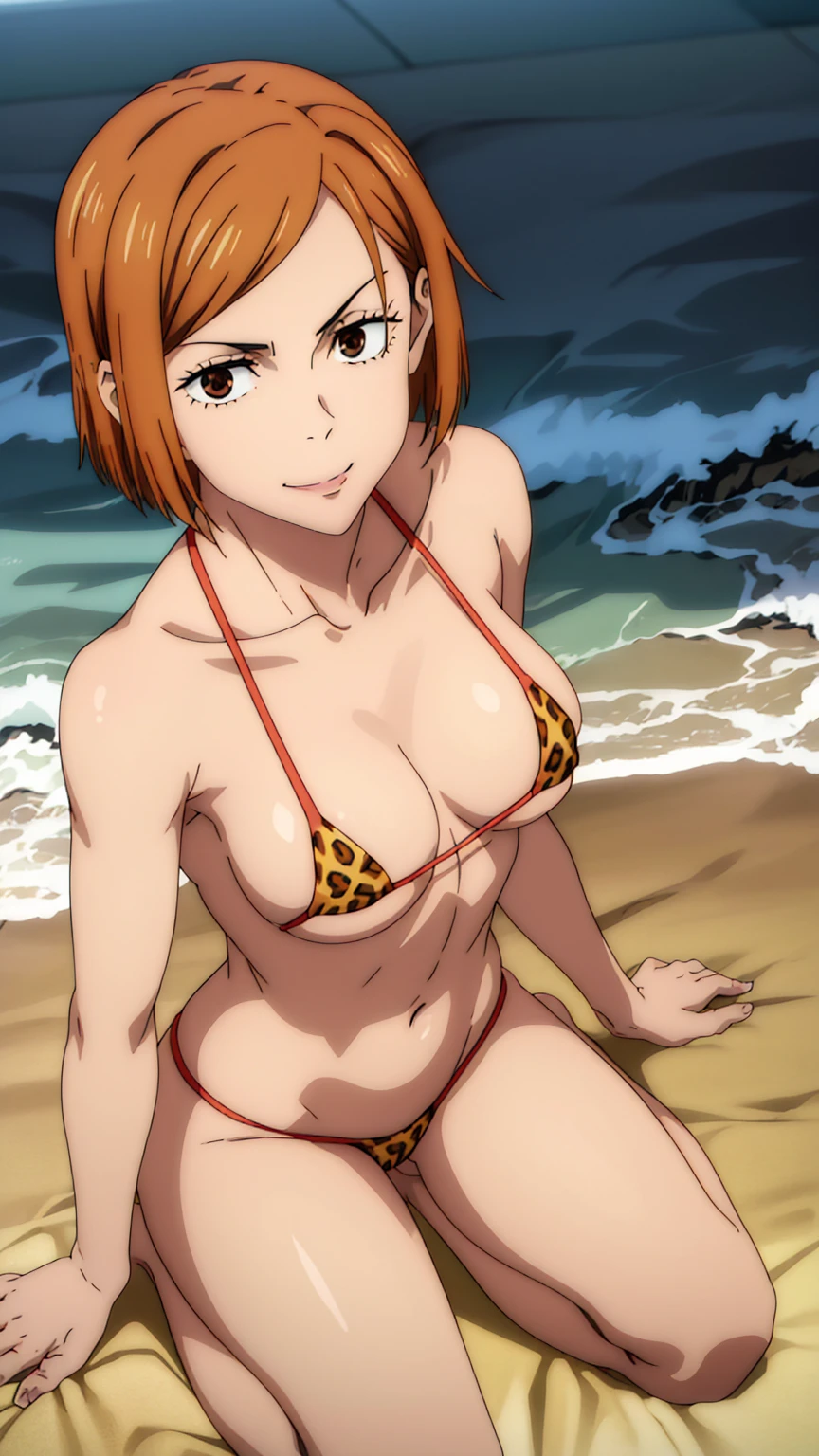 (masterpiece), (Best Quality), (Very detailed), (Best illustrations), (Best Shadow), (Confused), nobarakugisakinovaShort hair, Orange Hair, ((Brown eyes)), Nobara Kugisaki, Leopard print micro bikini,1 girl, Alone, bangs, Looking at the audience, , Beach, Thighs,Glare,barefoot,Front,Naked in a swimsuit,smile,Open your mouth wide