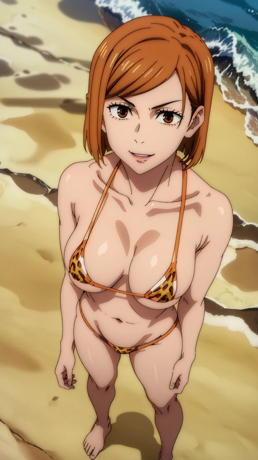 (masterpiece), (Best Quality), (Very detailed), (Best illustrations), (Best Shadow), (Confused), nobarakugisakinovaShort hair, Orange Hair, ((Brown eyes)), Nobara Kugisaki, Leopard print micro bikini,1 girl, Alone, bangs, Looking at the audience, , Beach, Thighs,Glare,barefoot,Front,Naked in a swimsuit,smile,Open your mouth wide