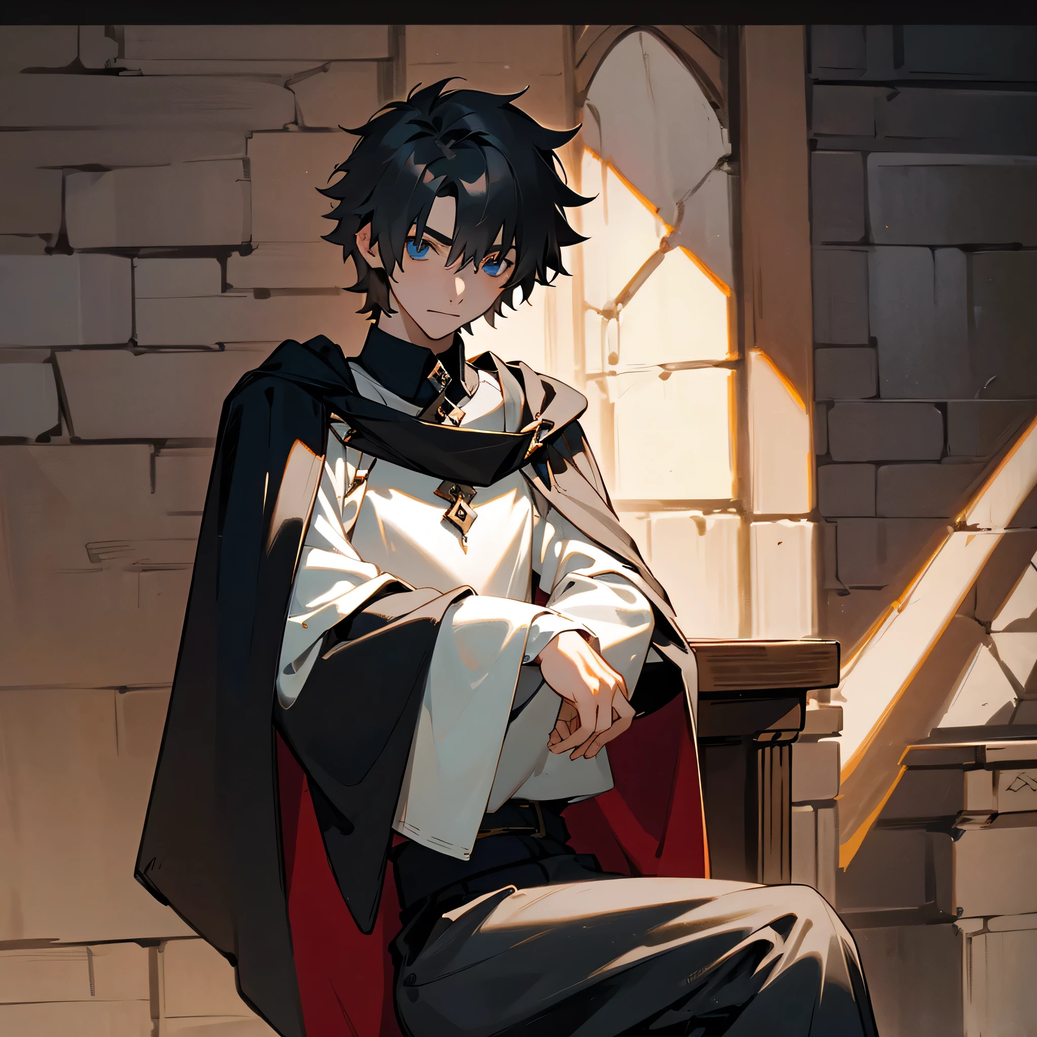 A young medieval mage sitting, he's sitting on a chair in a castle room, he's looking at the viewer, he's wearing a black cape with white shirt underneath and black pants and his hair black, High Resolution, Masterpiece, medieval setting, medieval mage, medieval cape, medieval tunic,