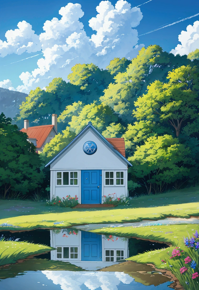 Draw an anime simple art scene of an abode on the cliff near beach, reflection, volkswagon van parked outside, blue doors, wildflowers, long grass, cloudy sky, no human, vibrant color tones, dim light, masterpiece