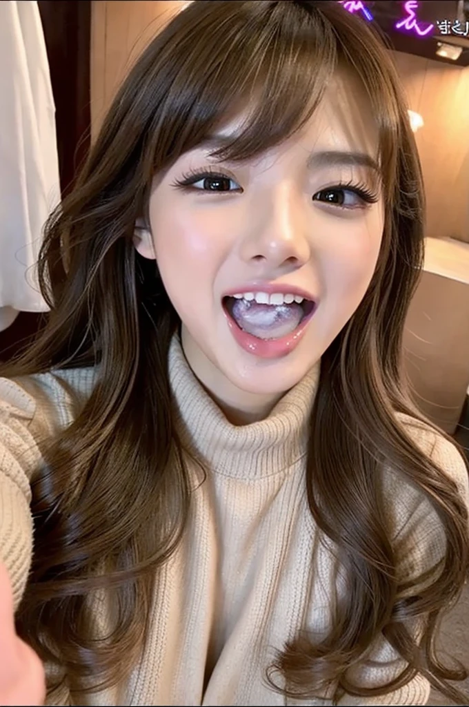 cheerful face,face focus,opening mouth widely,excessive cum in open mouth,penis before woman,happy,look at viewer,at nightclub,light brown wavy hair,sweater,eyelash,selfie,peace sign