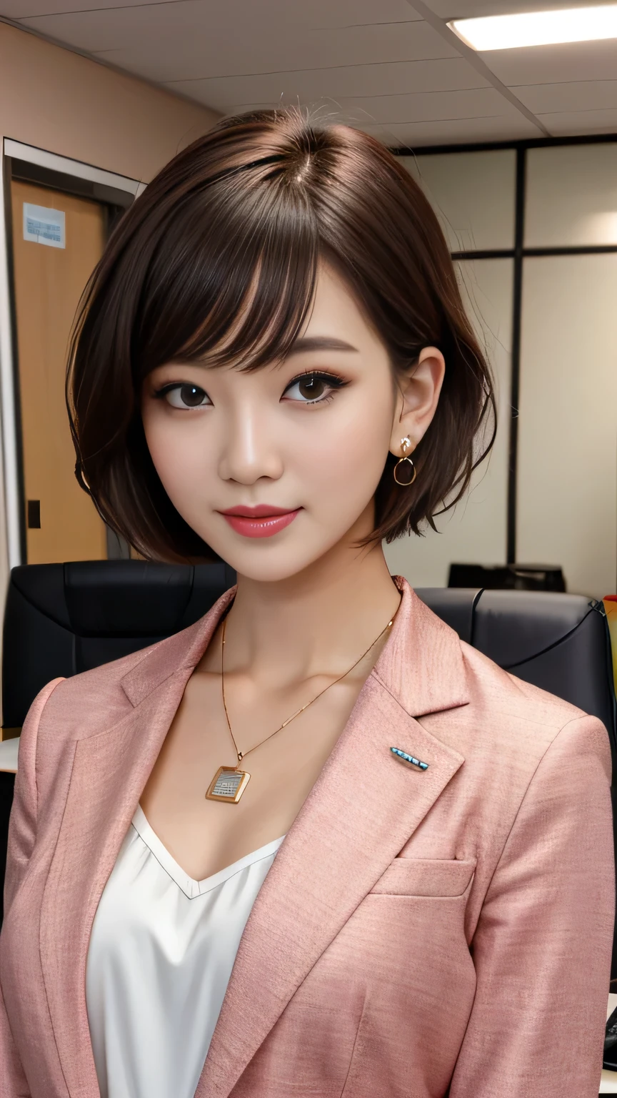 High resolution, Very detailed, Intricate details, 、ear piercing、Expressionless、short hair、Light brown hair、Please open your mouth a little、Clear beauty,(High quality fabric, Office Lady Suits 、Necklace around the neck、, The background is the office
