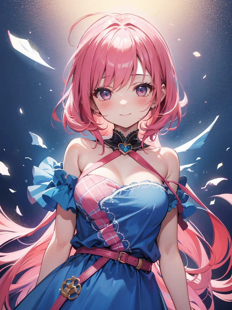 (Masterpiece:1.2), (The best quality:1.2), Perfect lighting, beautiful girl, perfect girl, hands hidden, pink magician girl, touching her pink hair, floating pink hair, floating in the air, big tits, neckline, create a magic background using shades of pink purple and blue. She comes out of a magical heart shaped Portal1.1.