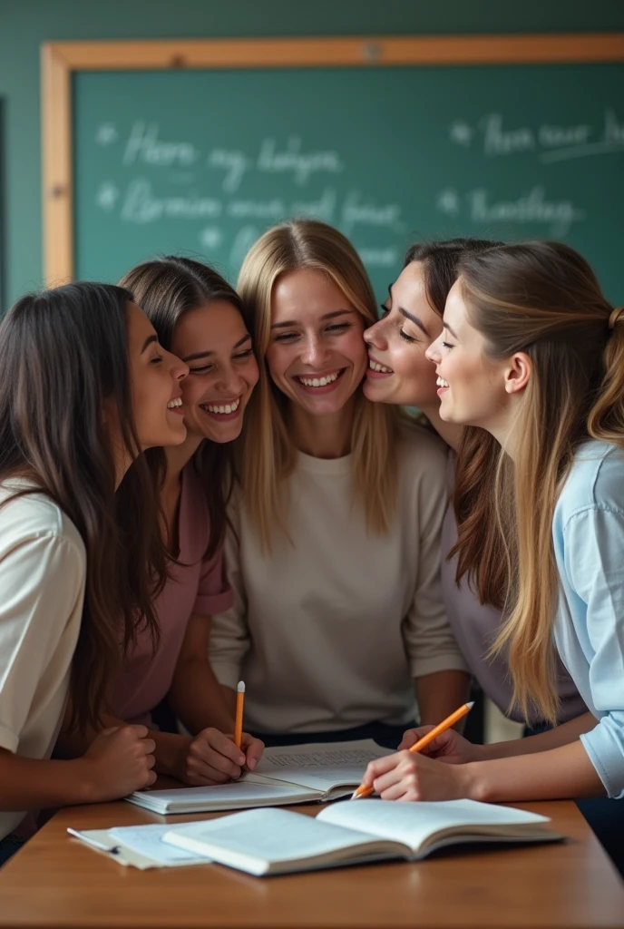 5 different teachers licking each other looking forward while beheading a student.