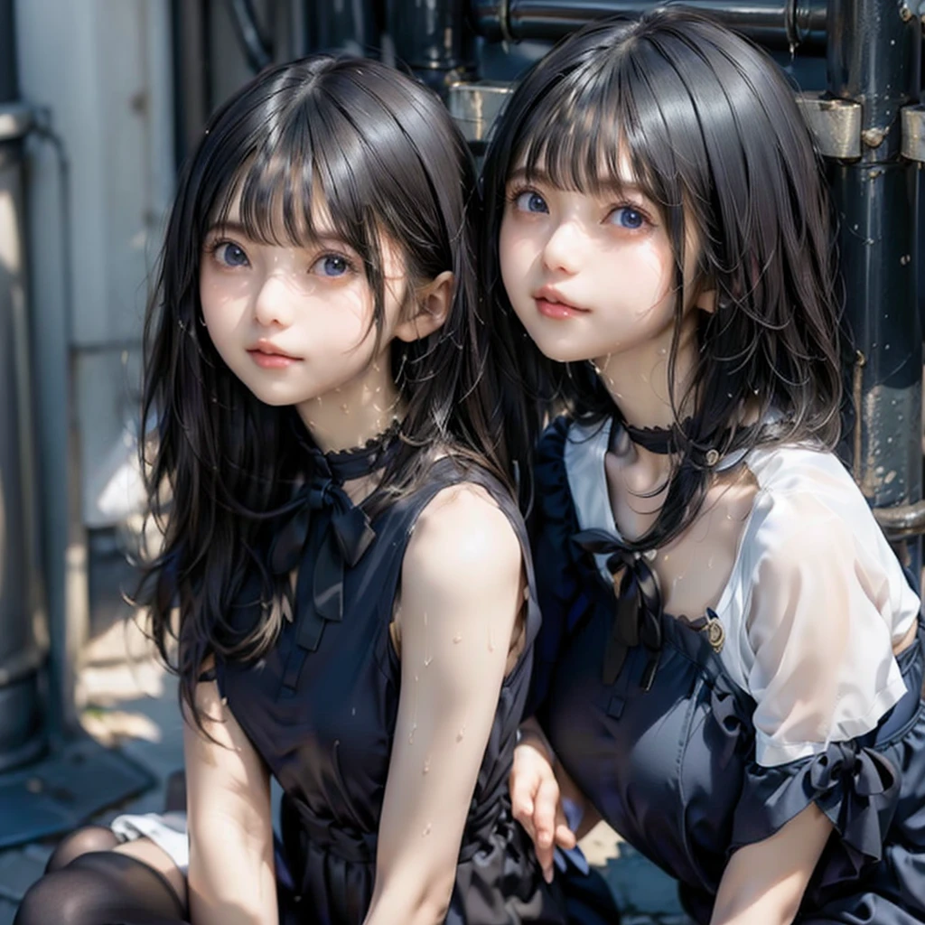 Black and white doe posing for a photo(((two girls wearing dress))), (((beautiful Twins))) , Two girls, black pigtails, beautiful science fiction twins, twin tails, trending on cgstation, twin tails hairstyle, beautiful Twins座, , Trending on cgstation, wlop and sakimichan, Gwaites style artwork,(((embrace)))