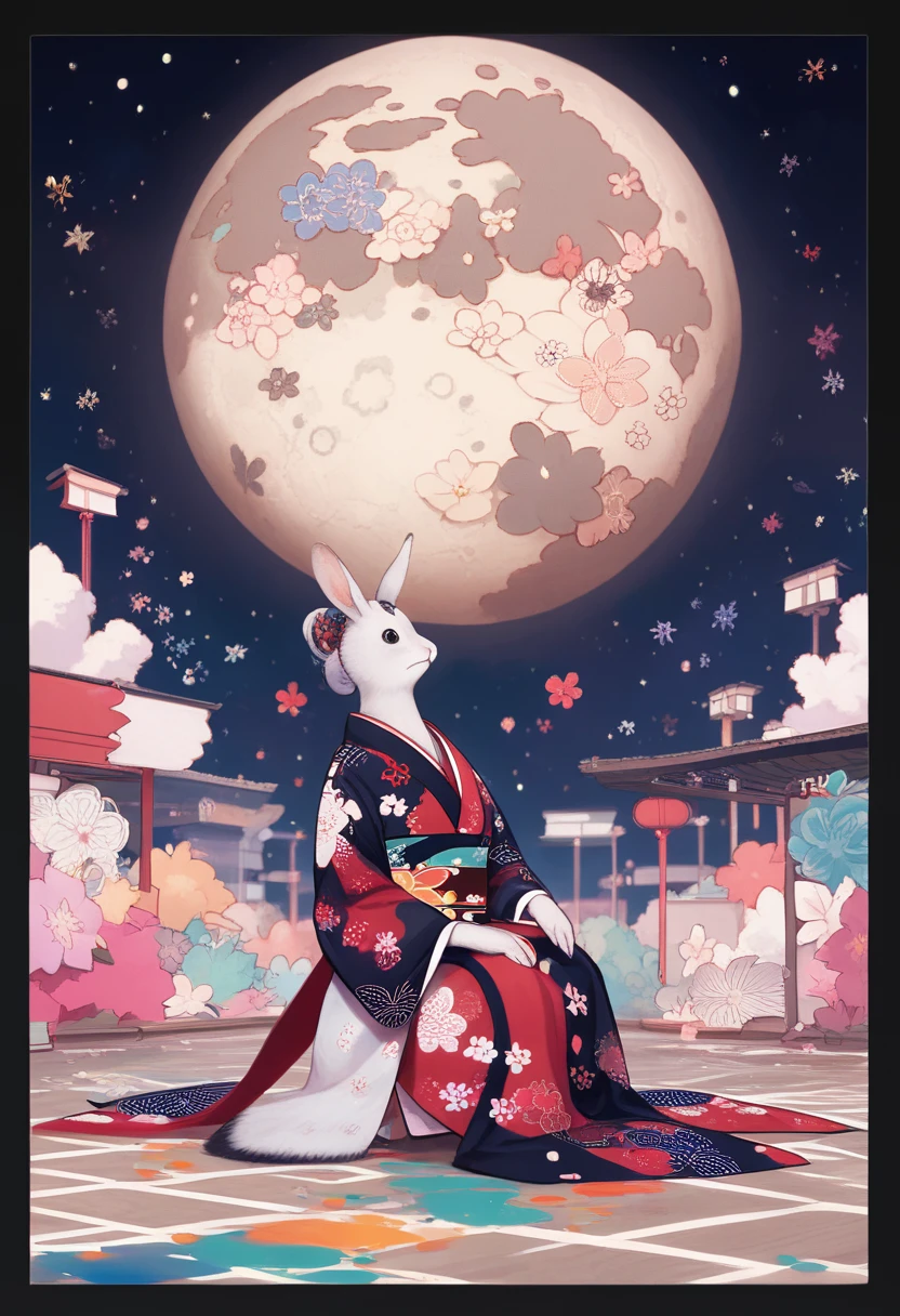 (masterpiece, best quality),(double exposure: 1.5), subtle colors, post-grunge, concept art, paint splatters, intricate details. trends in art station, detailed depiction,(Kaguyahime drinking sake at Tokkuri,sitting on moon surface with rabbits), Japanese aristocratic kimono,The earth is floating far away in the starry sky. 