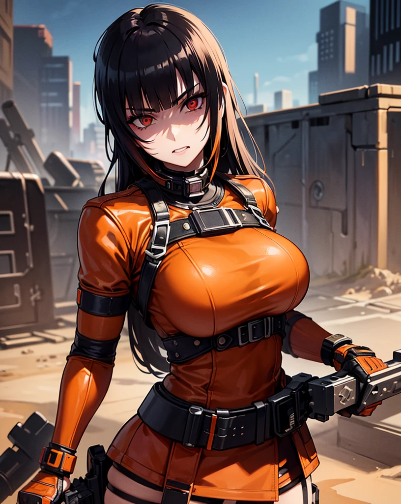 1girl,Zuikaku in Iron suit,gigantic breasts,superhero pose,standing in ruined city,(8k),scratches,detailed face,brown hair,yellow eyes,very long hair,embarassed,small smile face, side ponytail,orange eyeshadow,hair ornament, high_res, high_definition,