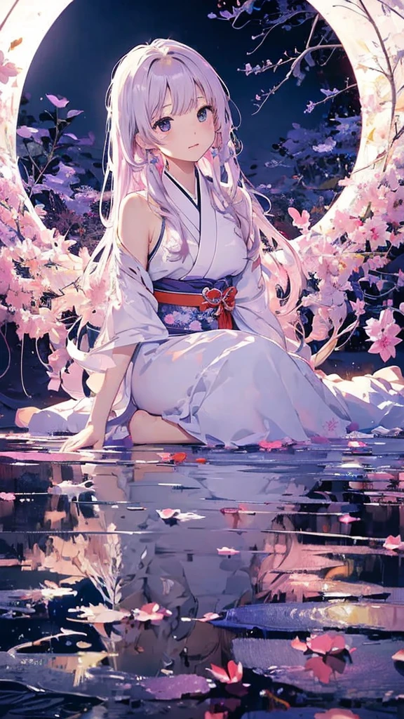 Girl, 17 years old, fair skin, long pink hair braided in a ponytail, purple eyes, white yukata with open legs and sakura petals, slender, beautiful bare feet, black belt, white gloves, red sakura flowers, pink long cloak with a pattern,  cherry blossom tattoo on leg, detail, perfect, ankle bracelets