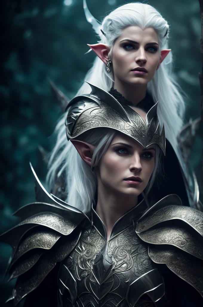 Create a very detailed blend of Melniboné's Elric of silver hair and purple body with Conan with the appearance of a dark elf from Dungeons and dragons ( com a pele roxa e os cabelos prateados ), He must wear a full dark plate armor is to use a cursed black long sword , in a dark and cinematic fantasy setting with high lighting