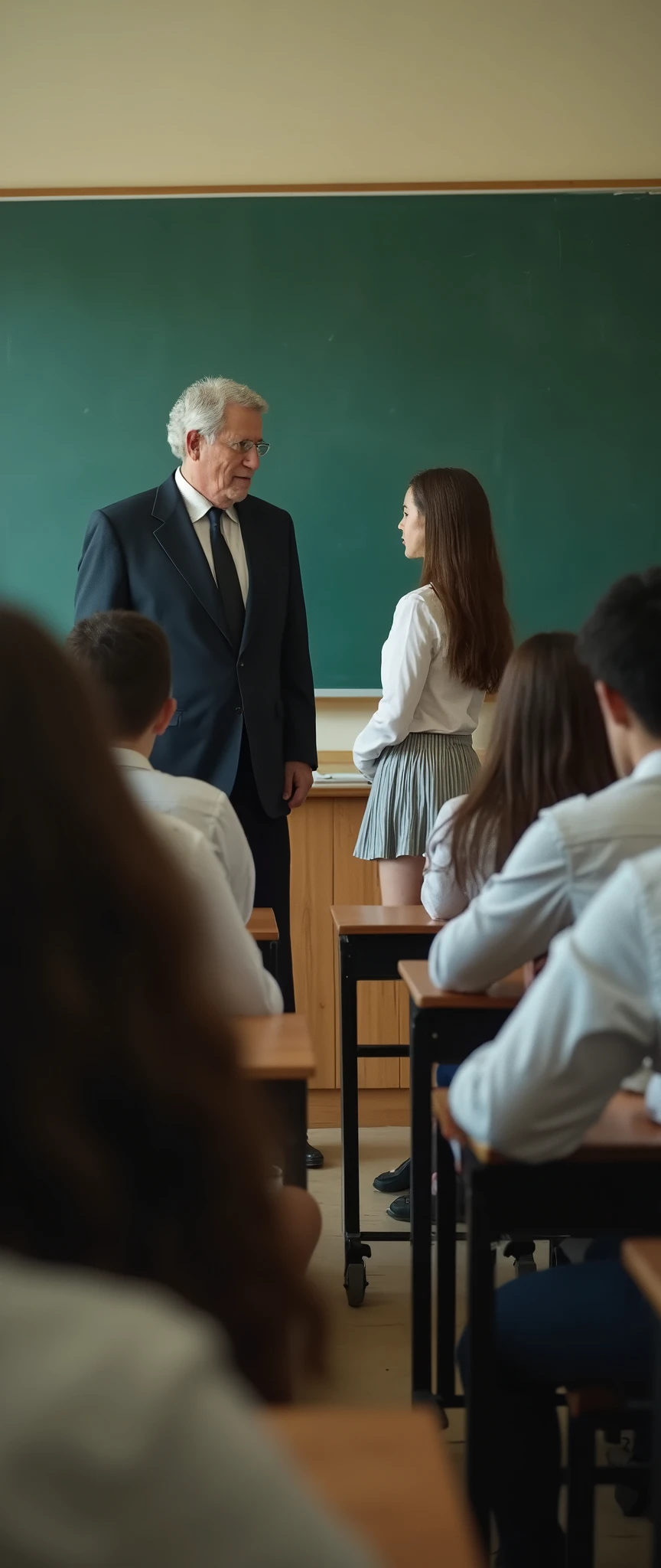 (masterpiece), best quality, side view (((old man in suit shakes hands with nude naked young girl))) who has blue eye and blue eye and medium breast and nipple and thigh and brown bob hair and earring and wristwatch and necklace , classroom setting, suitcase in background, male students in the background, tv camera in the background,