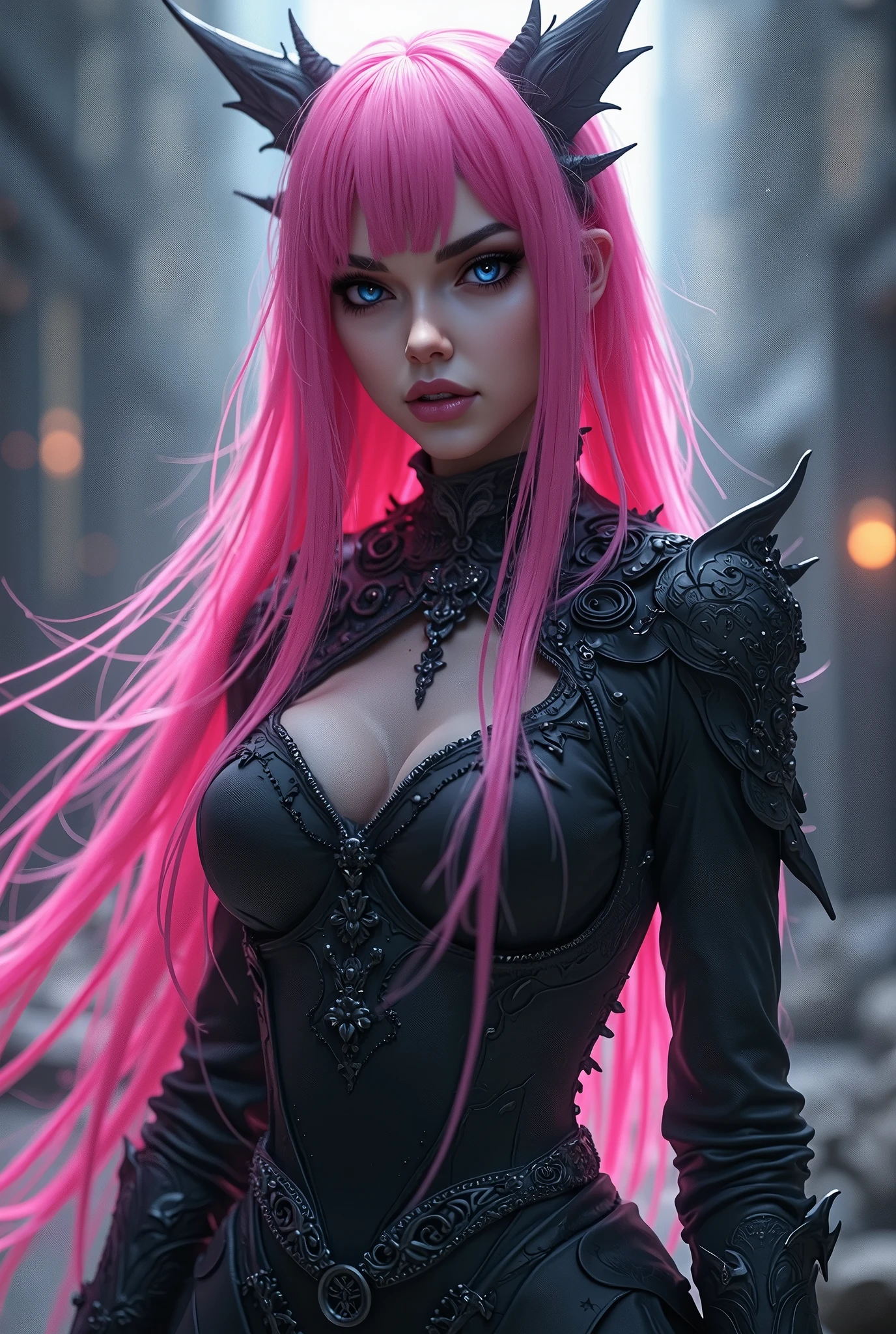 A glamorous model with very large breasts, generous curves, long pink hair, with a seductive aura, wearing a tight futuristic pink and black latex bodysuit that highlights every curve of her figure. The design of the suit has delicate lace details that contrast with its modern appearance., which adds a touch of daring elegance. His appearance is an intriguing mix between vampire and demon., with pale skin and piercing eyes that sparkle with an unearthly glow. Two elegant horns protrude from his forehead, Leaning backward, giving it a mystical and dark air. The visual style of the image is inspired by J's signature art.. Scott Campbell, with soft lines, stylized and a focus on sensuality and dynamism. The background is foggy and mysterious, with shadows that hint at a gothic and supernatural atmosphere.