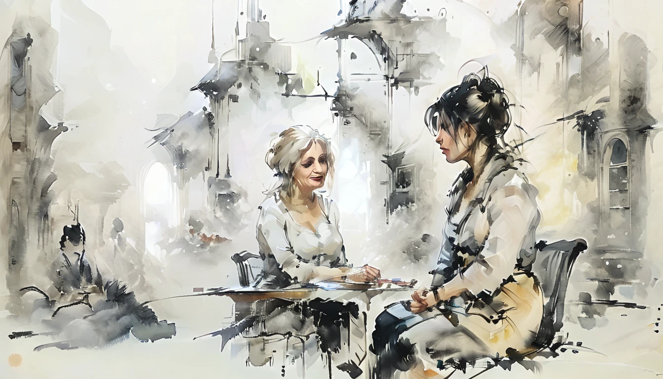 European white woman sitting at a table, talking to another white woman in a room, having a therapy session, casual, beautiful lady, center of image, person in foreground, modern, black and white painting, ink painting, loose brushstrokes, pen outlines with black ink, delicate lines, smooth lines, splash-ink, very detailed, high detail, clean, lots of white space, thick and light inks to create light and dark changes and layers, Control the gradient and transition of ink, colors through the humidity and consistency of the ink, black and white tones, traditional ink painting, ink painting