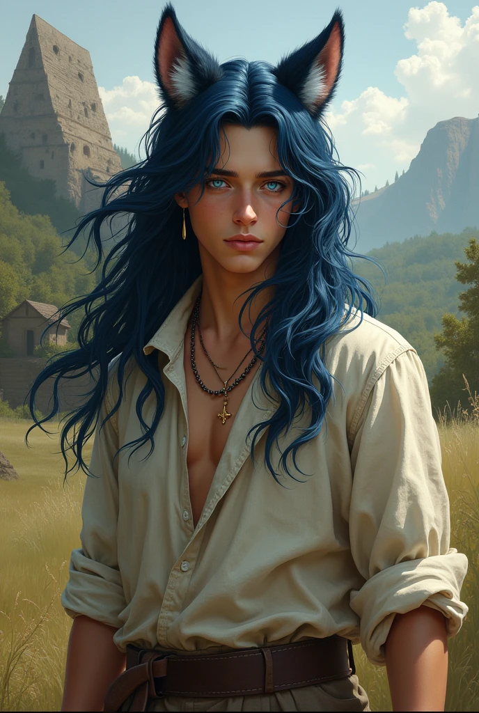 An anime androgynous gypsy man with long hair blue deep eyes and gypsy red and gold clothes and flirty expression