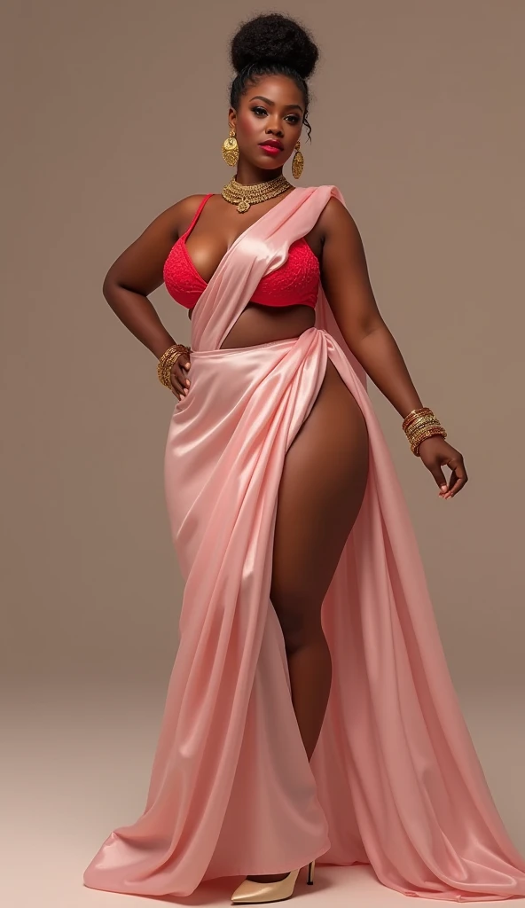 Create a black African woman with big breasts in a sexy outfit and with natural blonde hair, petite de taille, grosse fesse , femme puissante