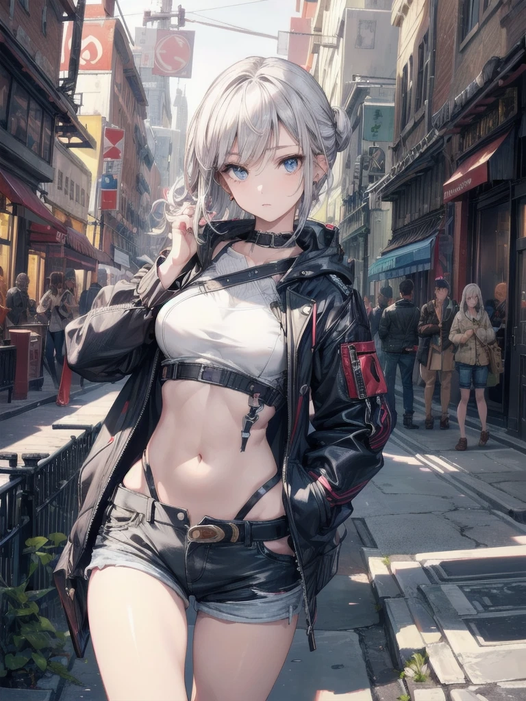 ((Highest quality)), ((masterpiece)), ((detailed)), (4K), 1girl, 独奏, (eyepatch), middle hair, crop top, leather jacket, large breasts, Torn miniskirt, suspender skirt, torn pantyhose, panties under pantyhose, choker, bracelet, (rain), ((wet)), gloves, see through, (expressionless), scowl, (from below), (looking down), looking at viewer, (open legs), wasteland, town
