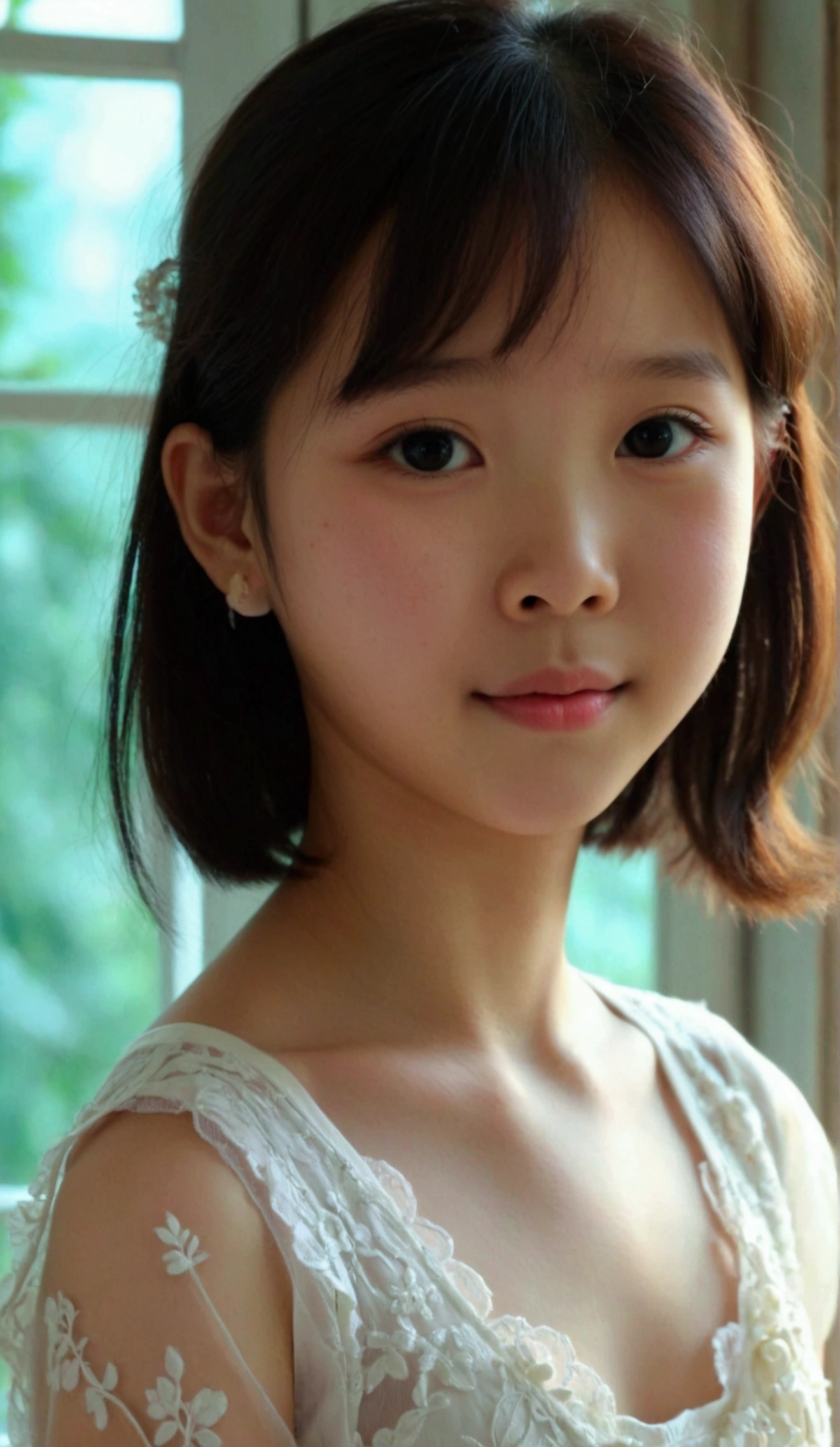 8k, masterpiece, cute, very pretty, The Prettiest Indonesian-Chinese ((preteen)) girl, pale skin, 1girl, Age 9, Solo, ((preteen)), innocent face,juvenile physique, charm of adolescents, beautiful body, calm eyes, realistic, High Resolution, Looking at viewer, Blushing, adorable, show off her cuteness, Masterpiece, Anatomically Correct, flawless, Best Quality, Embarrassed, Shy, White camisole dress, Her clothes are transparent and her skin is visible, show off her cuteness