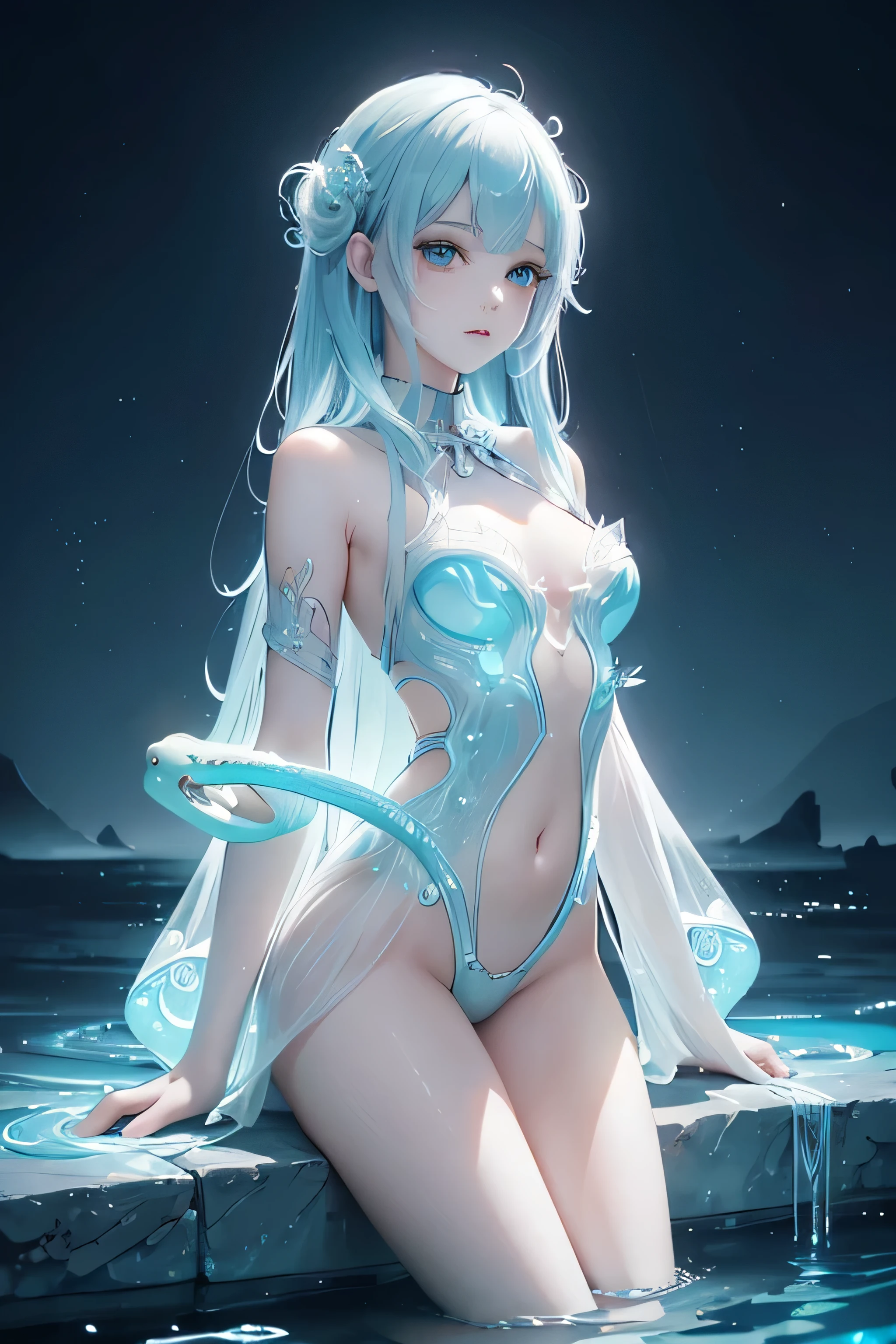 (masterpiece:1.2), Best Quality, (figure:1.2), (ultra detailed), Hyper Details, (Delicate and detailed), (Intricate details), (Cinematic Light, Best Quality Backlights), Delete Row, Soloist, Perfect body, (girl1人), (((girl & Cute Water Luminous Spirit Snake))) With playful features and sparkling sparkle, Resembles bioluminescent water droplets. ((RaleX 生物発光masterpiece)) ((RaleX anime style art)), High contrast, (Better lighting, Very creative and beautiful), (Cinematic Light), Flashy,