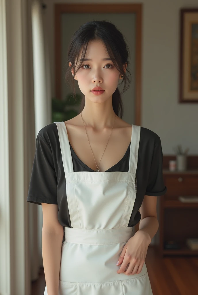 masterpiece、top-quality)、1 beutiful girl、Slim body、((Black and white loungewear:1.1))、(Detailed beautiful eyes)、In the kitchen of a rich man's house、Face similar to Chaewon in Le Selefim、((Boyish Brown Medium Hair))、((Smaller face))、((Neutral face))、((Light brown eyes))、((Korean Girl))、((18year old))、((cool lady))、((A shy smile on his face))、((Korean Makeup))、((elongated and sharp eyes))、((Happy dating))、((boyish))、((Cooking))、((shot from front))