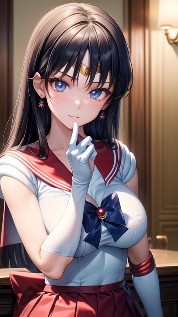 (masterpiece:1.2), best quality, High resolution, unity 8k wallpaper, (illustration:0.8), (beautiful detailed face:1.2, beautiful detailed eyes:1.2), Perfect lighting, extremely detailed CG, (perfect hands, perfect anatomy), 

cute, beautiful, charming lady, shiny hair, 光沢のaる肌, 
Mature Woman, married woman, soft With a gentle appearance and a gentle mother-like atmosphere,


mars_a, tiara, jewelry, earrings, black hair, straight long hair, big breasts, sailor senshi uniform, Red Skirt, red sailor collar, Knee Boots, Red choker, White elbow gloves,

Depict the whole body、Sexy pose、High resolution, Anatomically correct, Best Quality, 