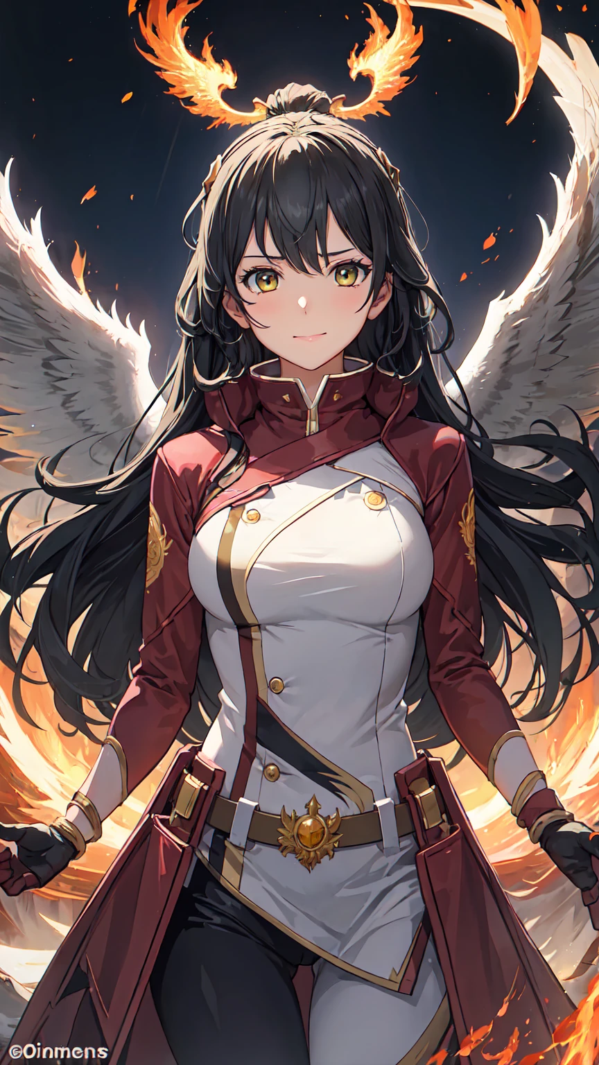 (upper body:1.3), 1girl,hoenix keeper, fireproof suit with a golden phoenix emblem, fire cage with obsidian bars, phoenix nest with shimmering golden feathers, talon gloves for handling the phoenix, fire ruby for feeding the phoenix,