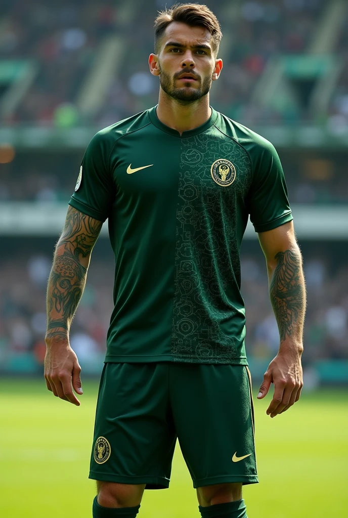 Black soccer jersey with a goat shield in the upper right corner with a gold color with gold details