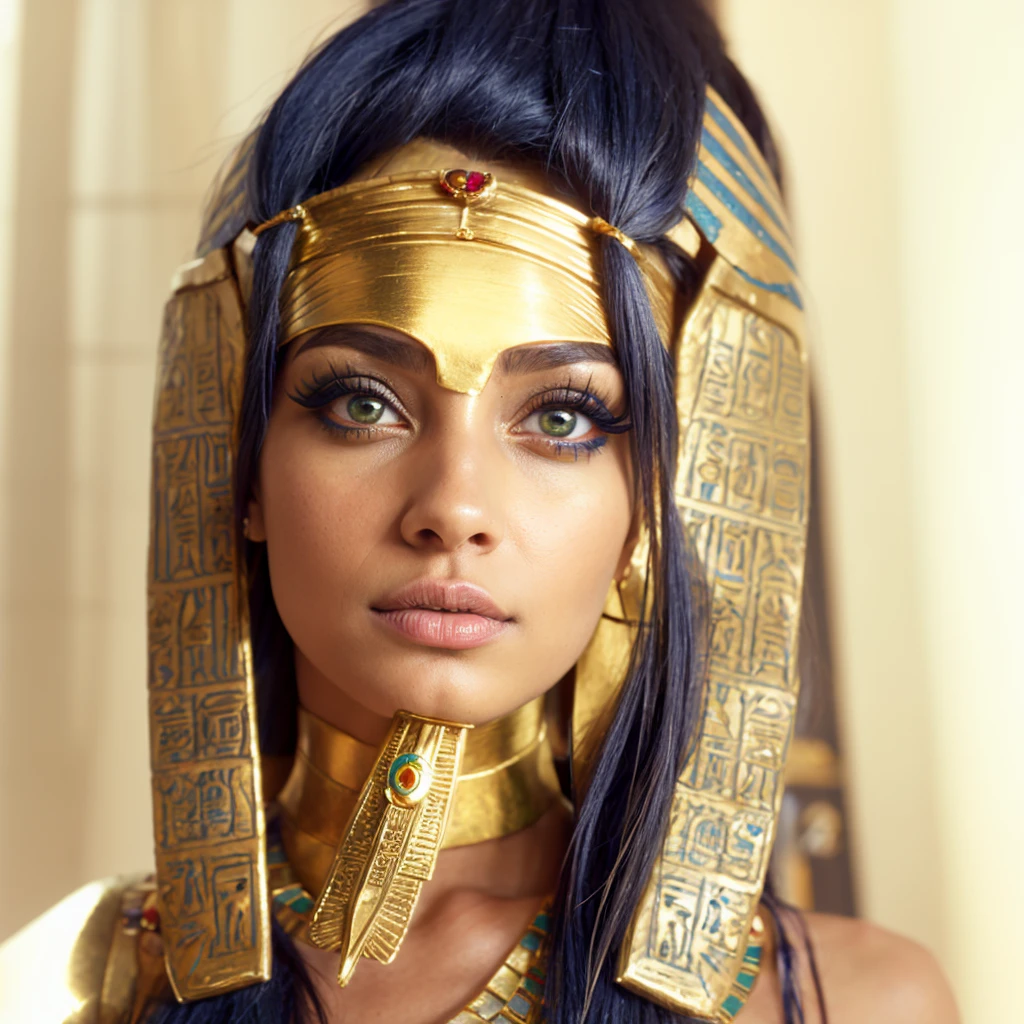 Make her into an Egyptian priestess, in 2.5D semirealisim, portrait shot, lots of detail, beautiful tanned girl, she has Egyptian eyes of horus for eyeliner around her green eyes, she wears and elegant dress made out of golden feathers and mosaics of blue lapis lazuli. Her figure is slim with a nice big cleavage, her tit look like they will almost pop out of here dress, she wears a nubian wig, adorned with gold and lapis lazuli 