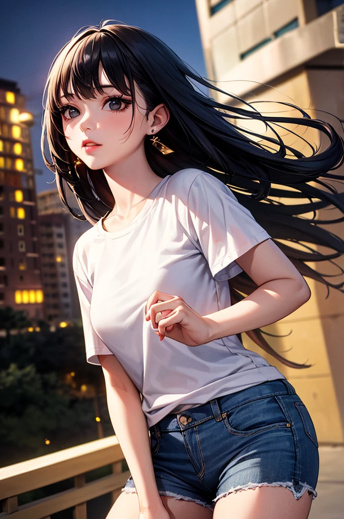 ((best quality)), ((masterpiece)), (detailed), An illustration of a long black haired teenage girl falling through the air unconscious at night with long black hair and wearing a white t-shirt and blue jeans