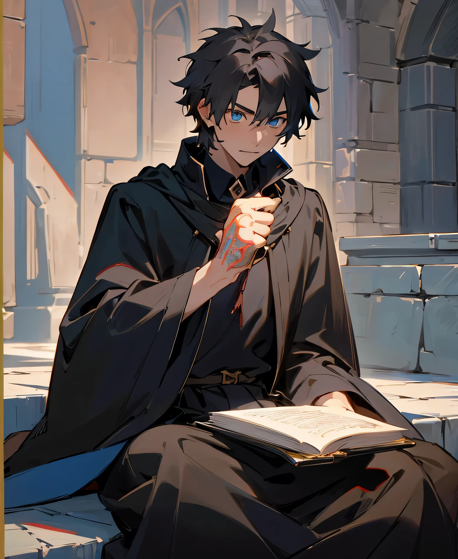 A young medieval mage sitting, he's looking at the viewer, he's wearing a medieval robe and his hair black, High Resolution, Masterpiece, medieval setting, medieval mage, medieval robe,