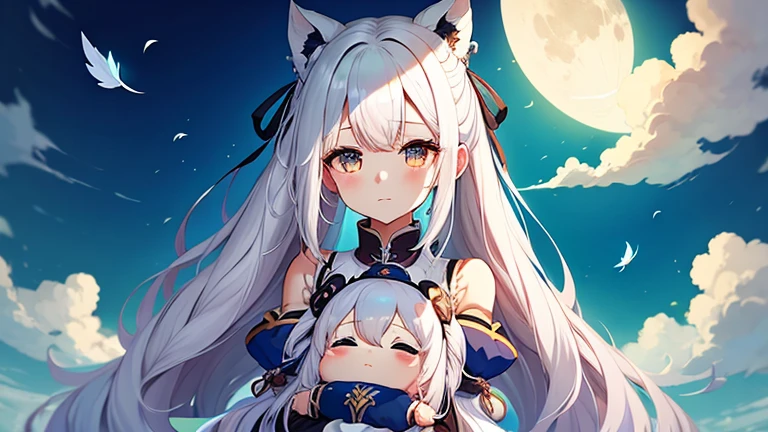 1 woman,Pretty girl,Half-up hair , Half-moon hair , White hair, White hair, Sky blue 원피스, Sky blue 장식구,Sky blue 옷, Sky blue, long hair, character, Cute, Maple Story, Babyishly, whole body
